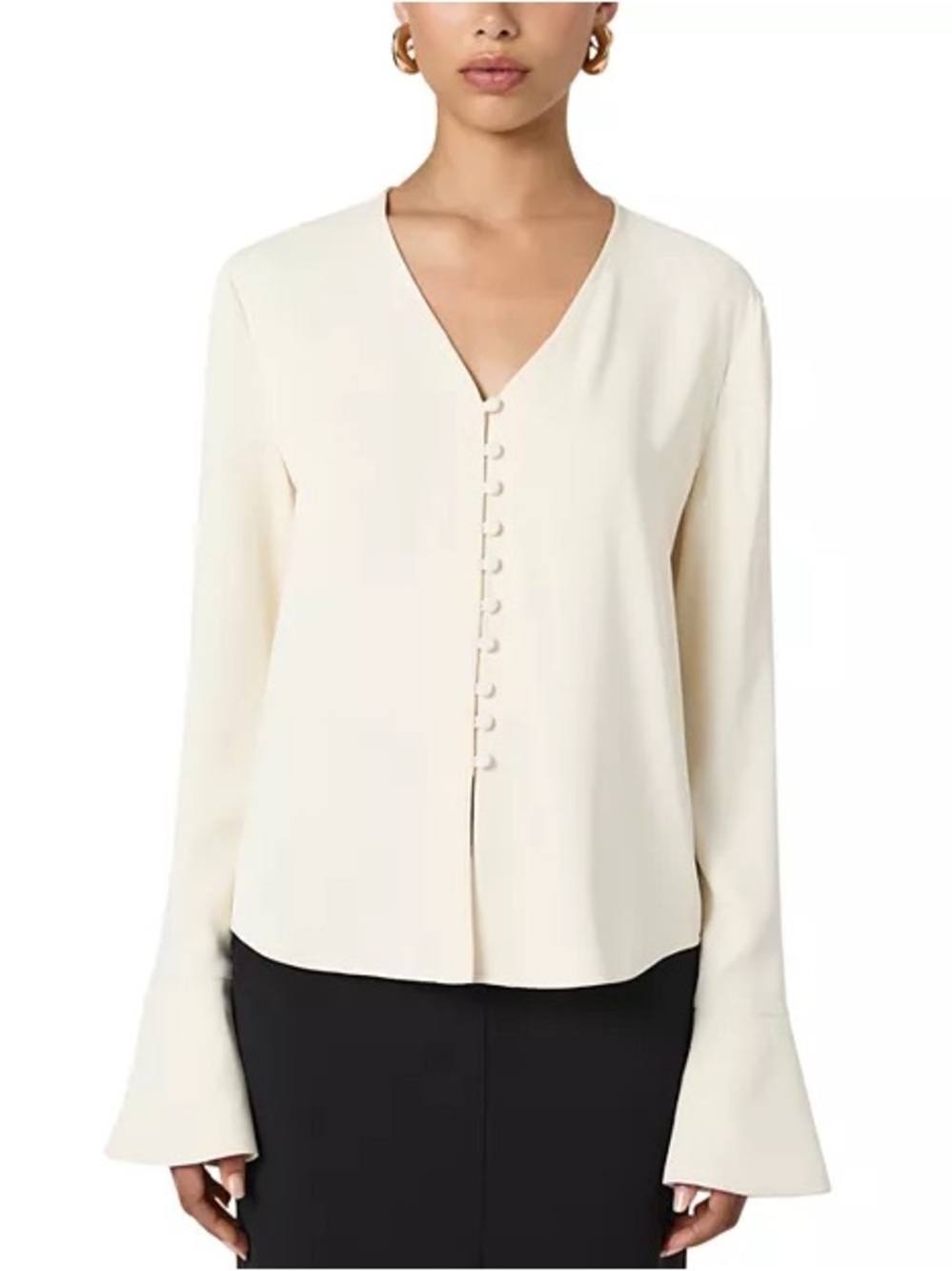 French Connection Cream V-Neck Long Sleeve Blouse with Covered Buttons